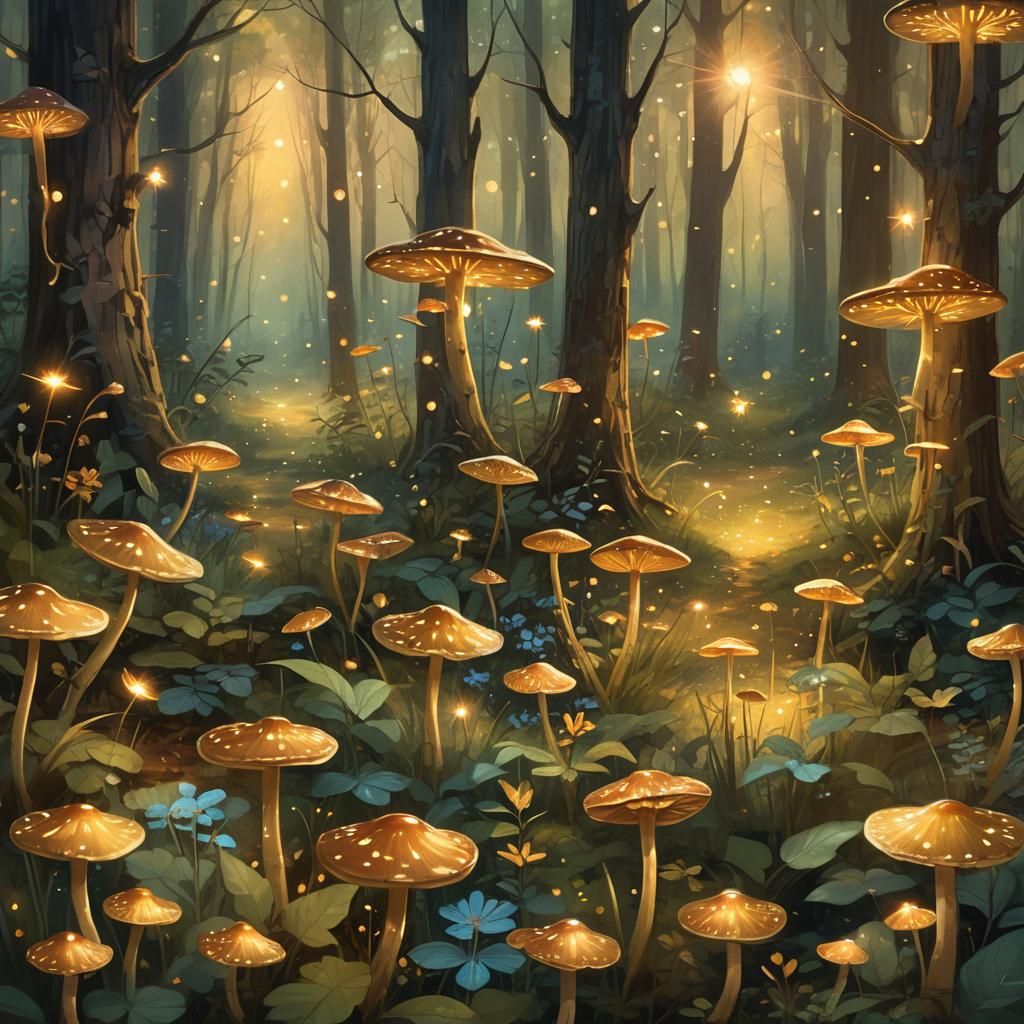 Enchanted Forest Glade with Fireflies: Digital Painting