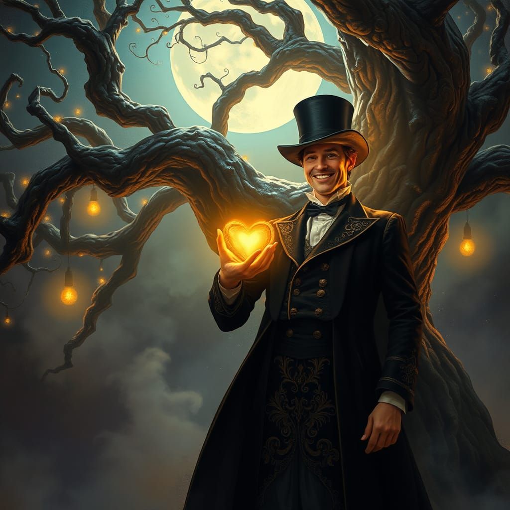 Mystical Illusionist Under Hawthorn Tree: Surrealist Art