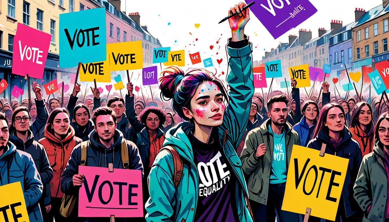 Vibrant City Square Gathering in Whimsical Aquarelle Style