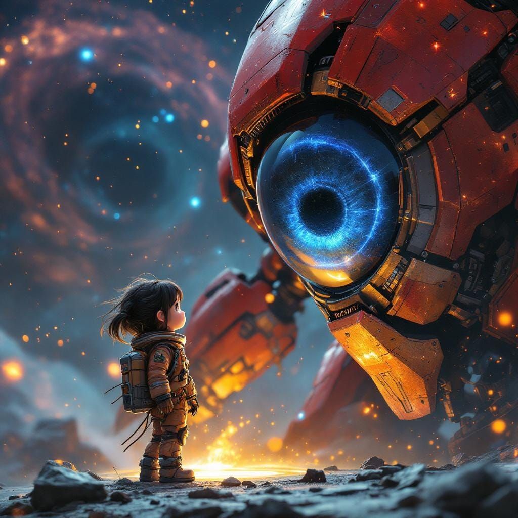 Chibi Girl Argues with Robot in Space, Hyper-Realistic CGI