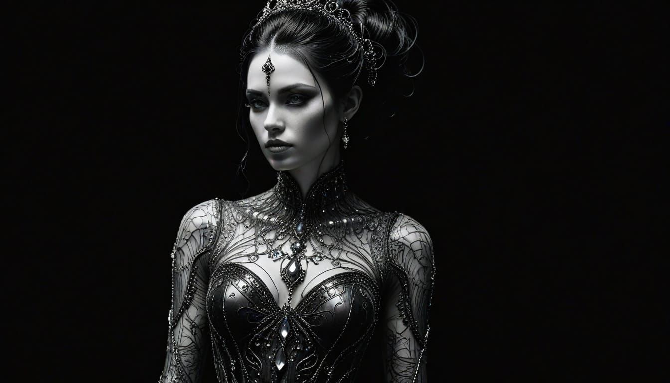 Ethereal Biopunk Noblewoman in Jewel-Toned Regalia