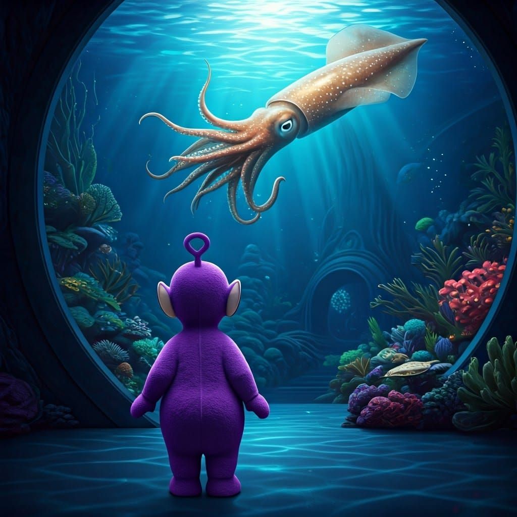 Teletubby Marvels at Giant Squid in Whimsical Aquarium Scene
