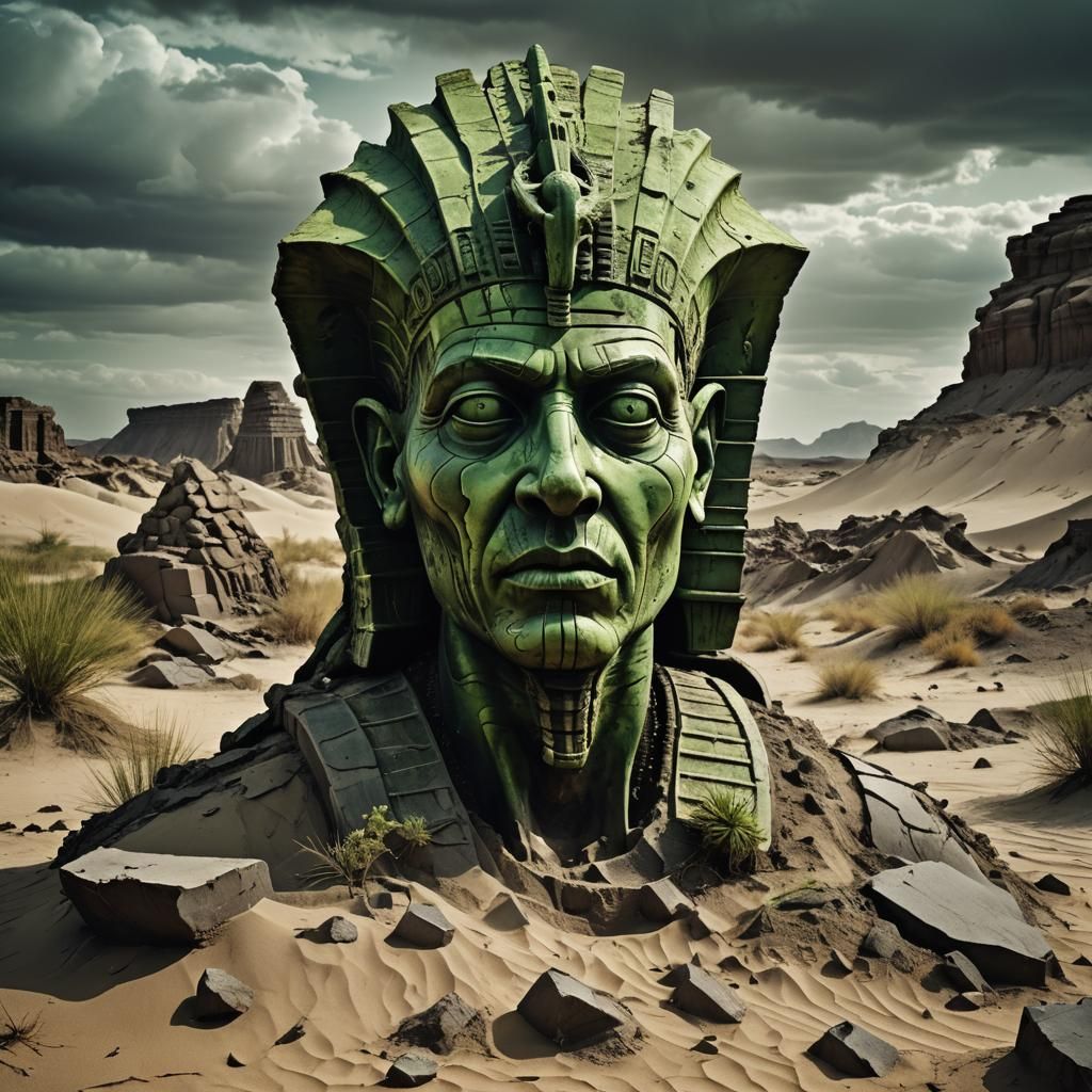 Dystopian Pharaoh Statue in Radioactive Wasteland