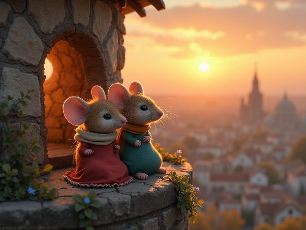 Charming Mouse Family Seeks Sunset Over City in Cozy Bell To...