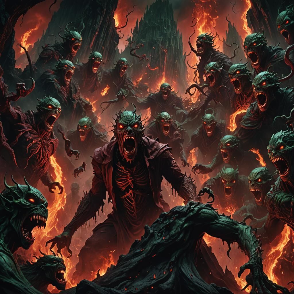 Tormented Souls in Crimson Abyss: Dark Fantasy Art