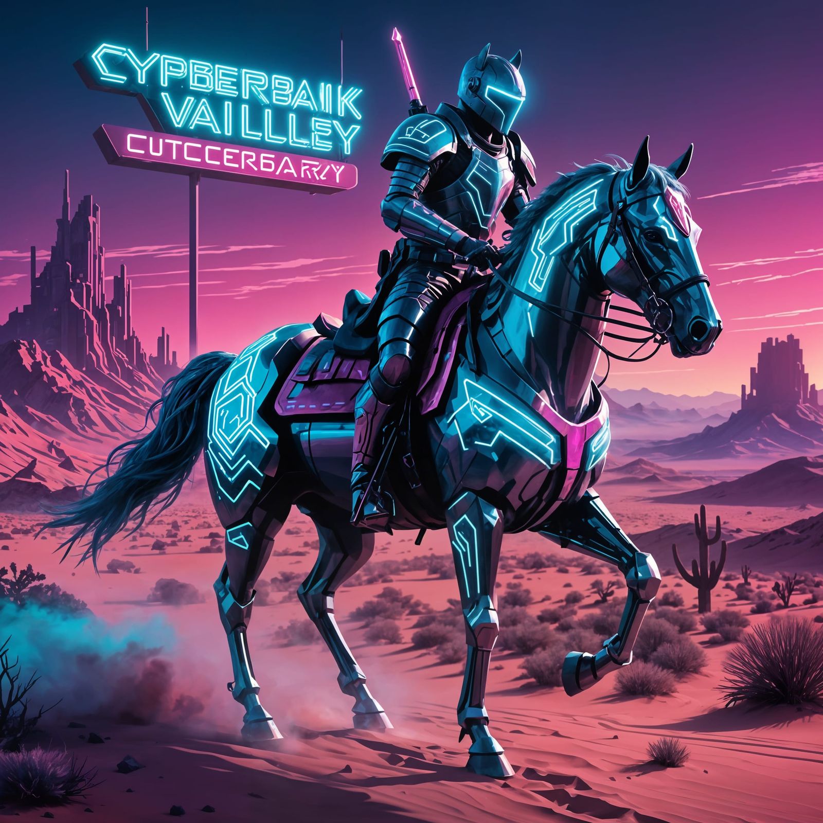Cyberpunk Knight Rides Through Futuristic Neon Desert