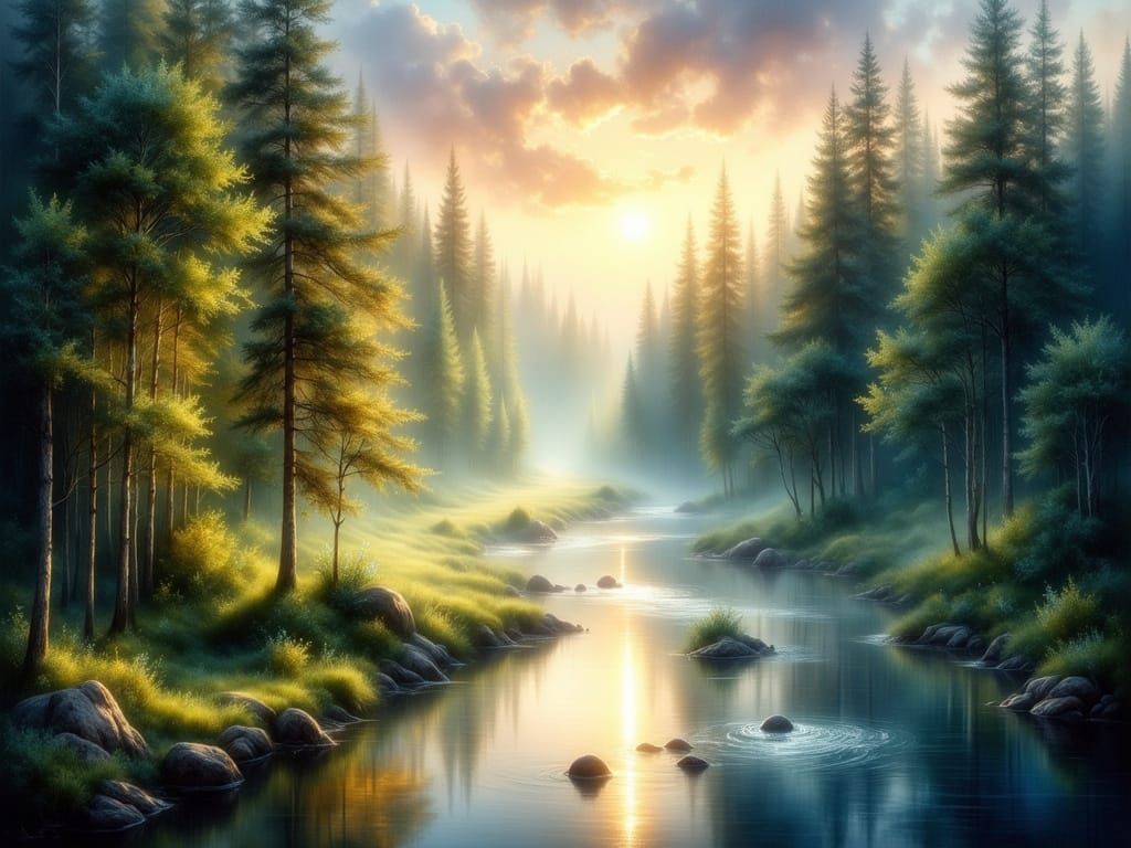 Ethereal Forest River in Hyperrealistic Oil Painting Style