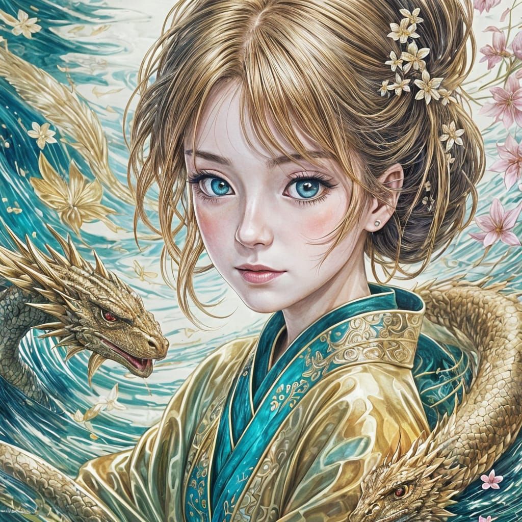 Girl in Golden Kimono with Water Dragon: Anime Art