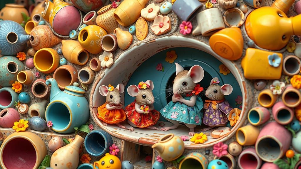Whimsical Mouse Family in Enchanted Teaware Village