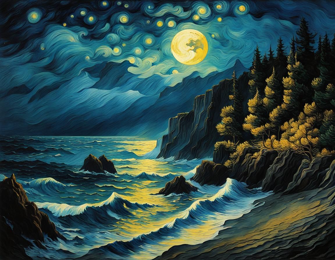 Starry Night Gothic Seascape in Van Gogh Style