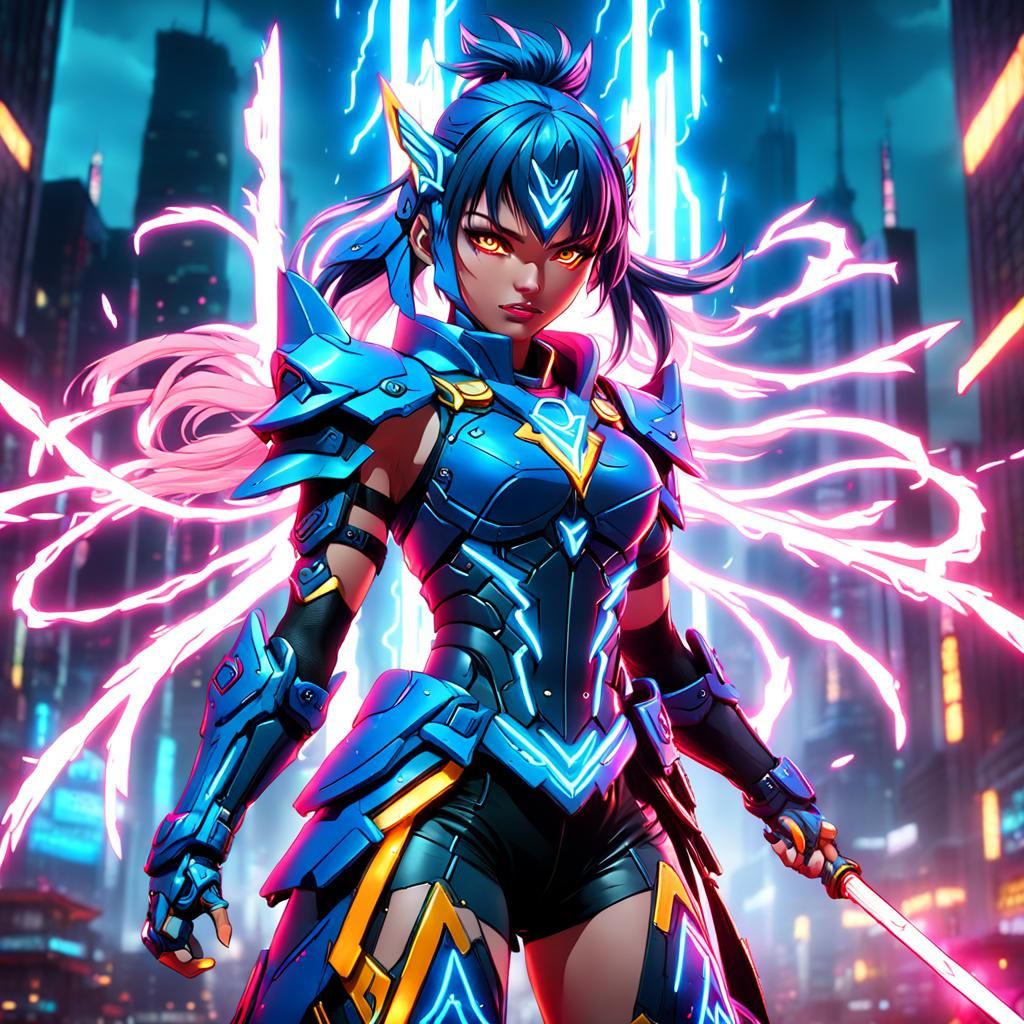 Neon Thunder Warrior Anime Girl in Detailed Matte Style