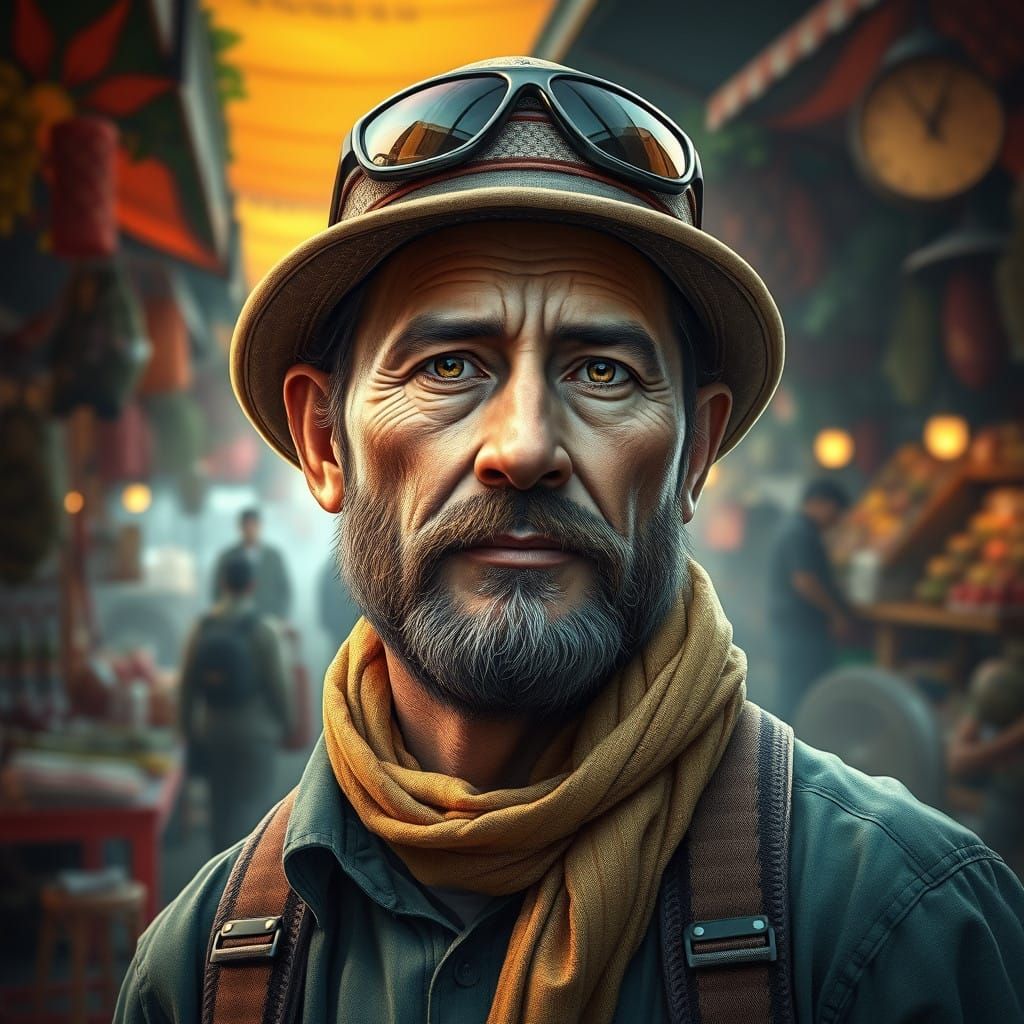 Elegant Fly Fisherman in Vibrant Market Scene, Hyper-Realist...