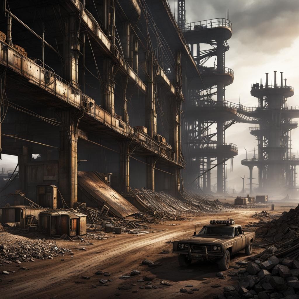 Post-Apocalyptic Industrial Structure in Desolate Wasteland