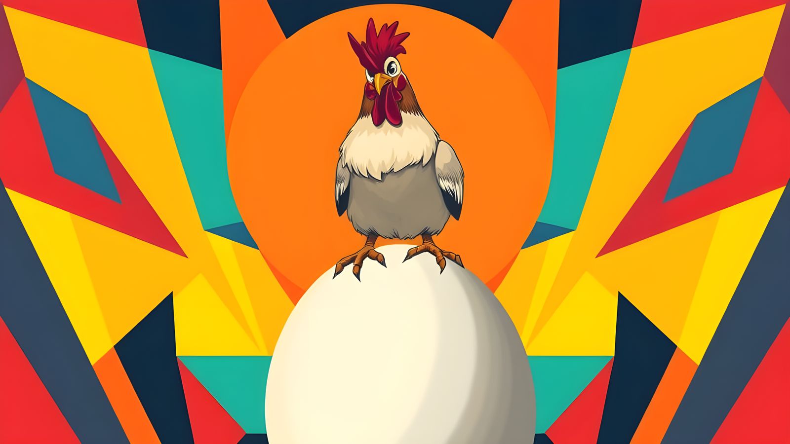 Comical Chicken on Giant Egg in Vibrant Pop Art Style
