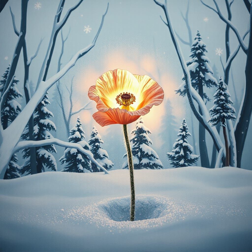 Frost Poppy Bloom Emerges from Winter Mural