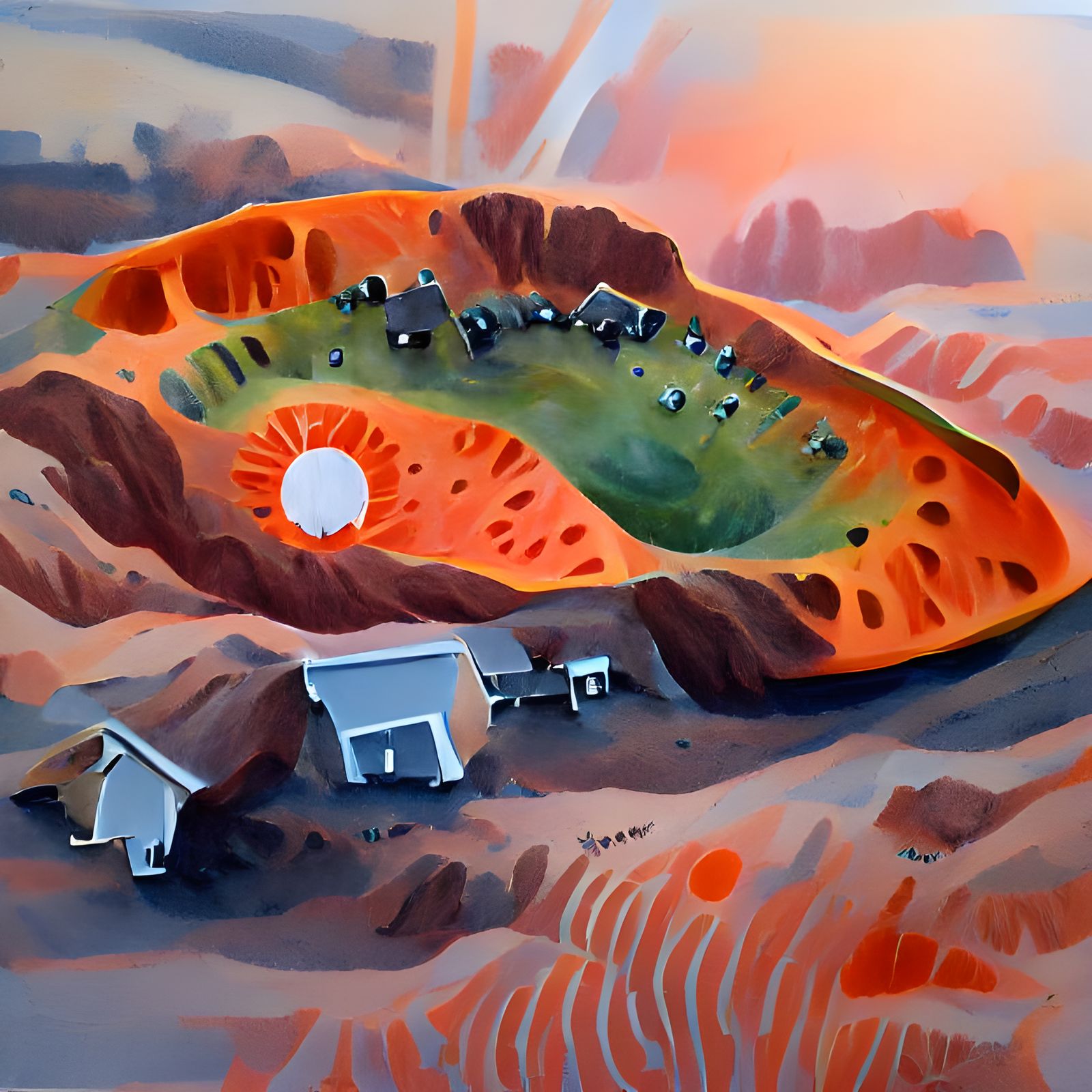 Mars Homestead at Sunrise in Gouache Style