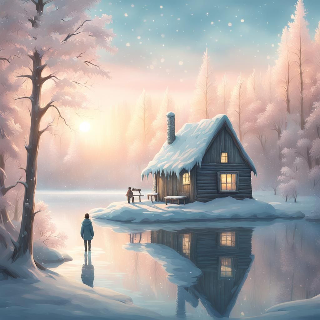 Icy Lake and Pastel Sky in Matte Painting Style