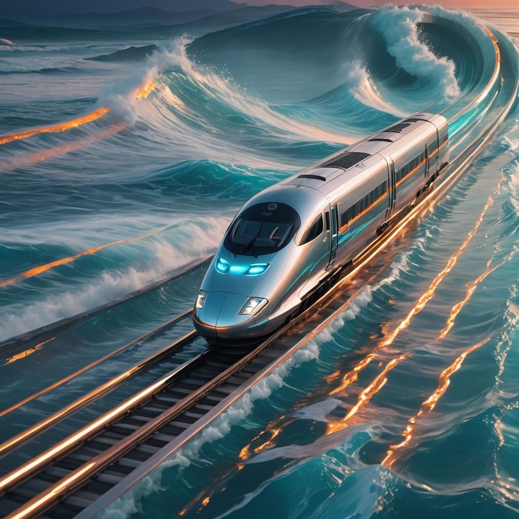 Underwater Bullet Train in Bioluminescent Futurism Style