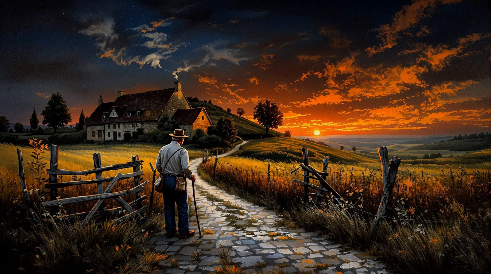 Old Man Pauses at Village Edge in Textured Oil Painting