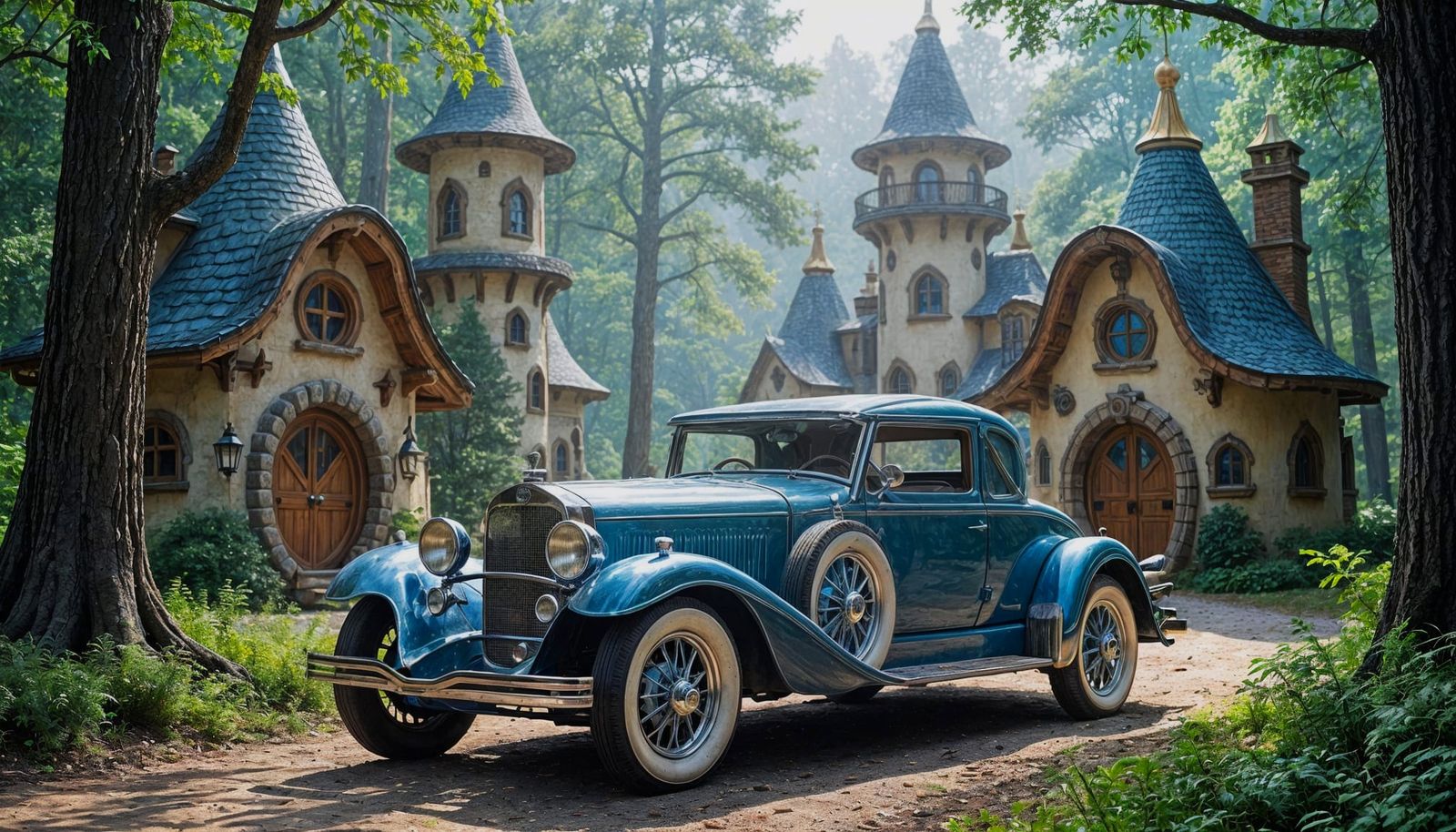 Intricate 1915 Blue Car Before Whimsical Elven Cottages