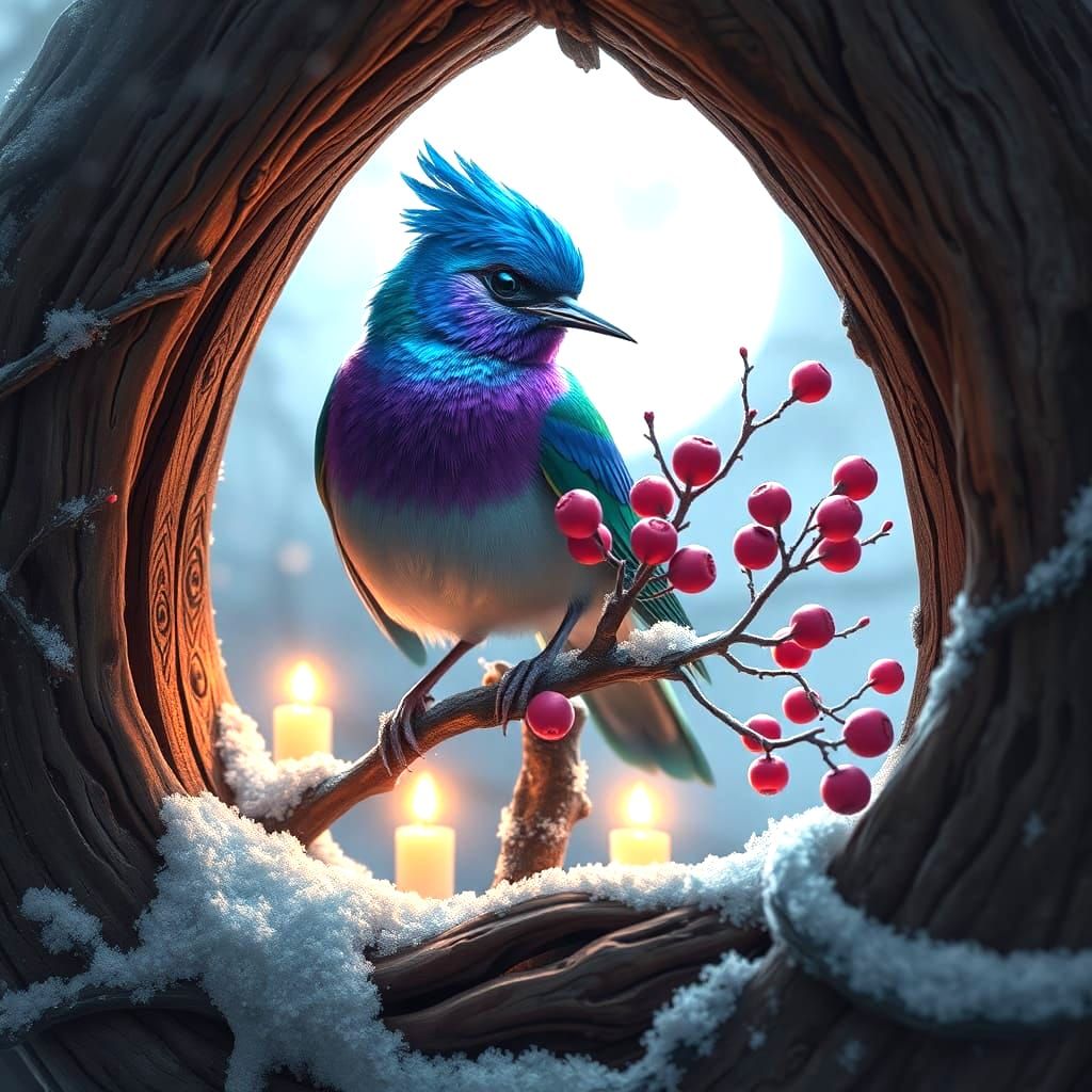 Nightingale in Tree Hollow at Night: Detailed Matte Painting