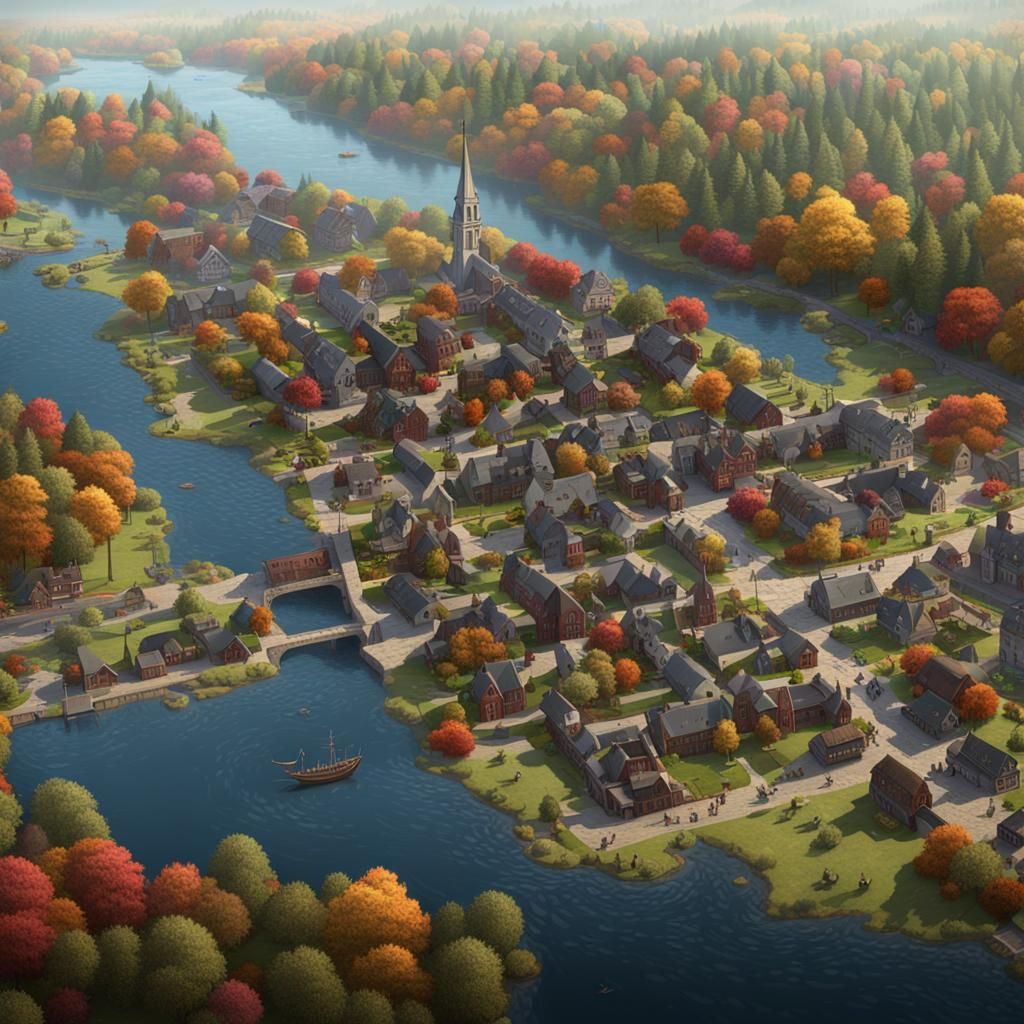 Colorful Historic New England Town Map in Matte Painting Sty...