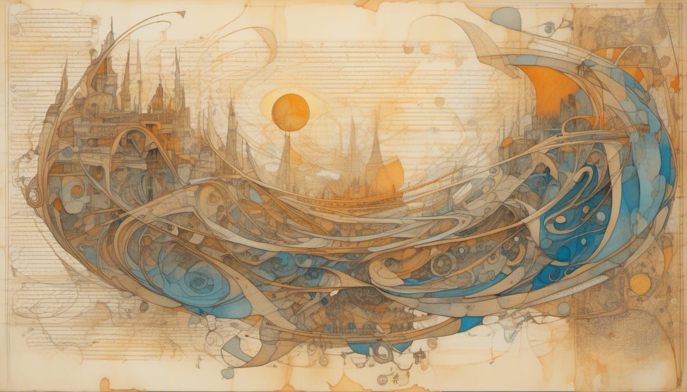 Futuristic Musical Notation on Parchment in Dreamlike Style