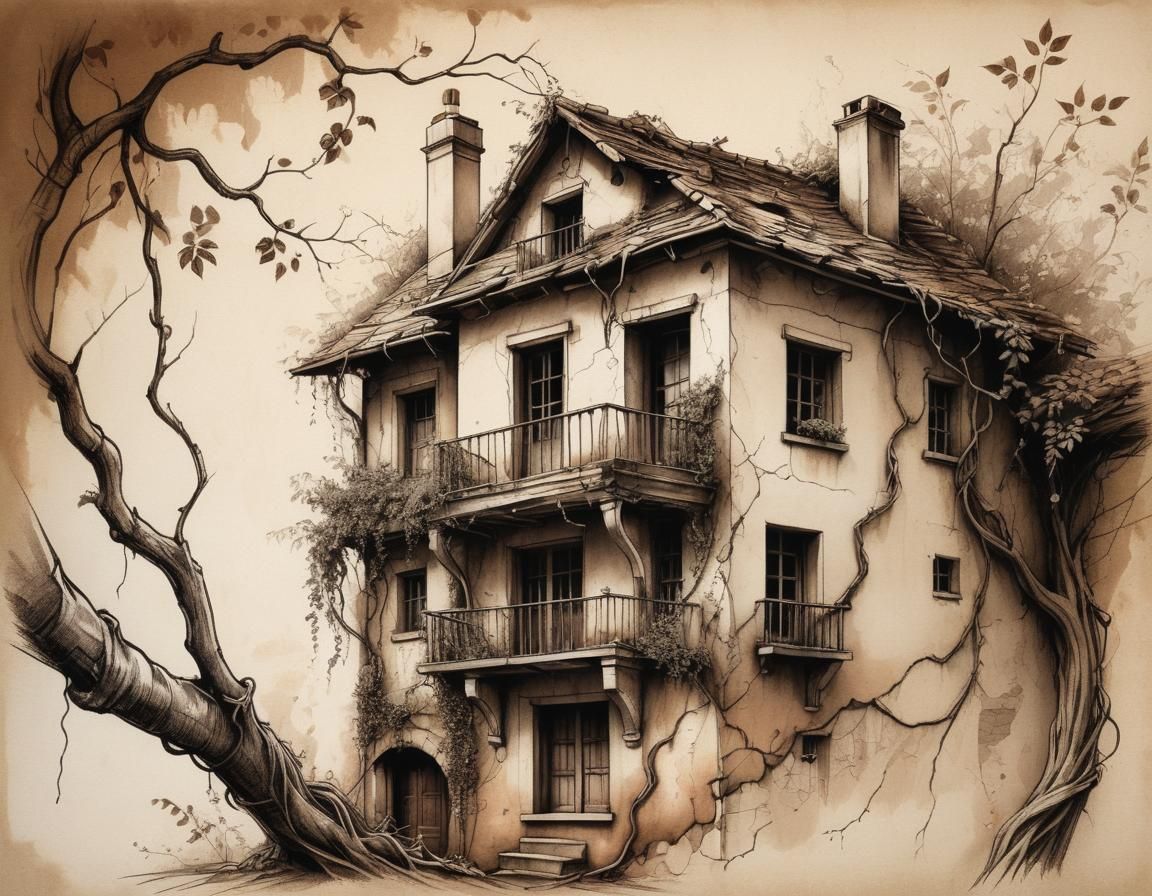 Old House Sketch in Leonardo Da Vinci Style