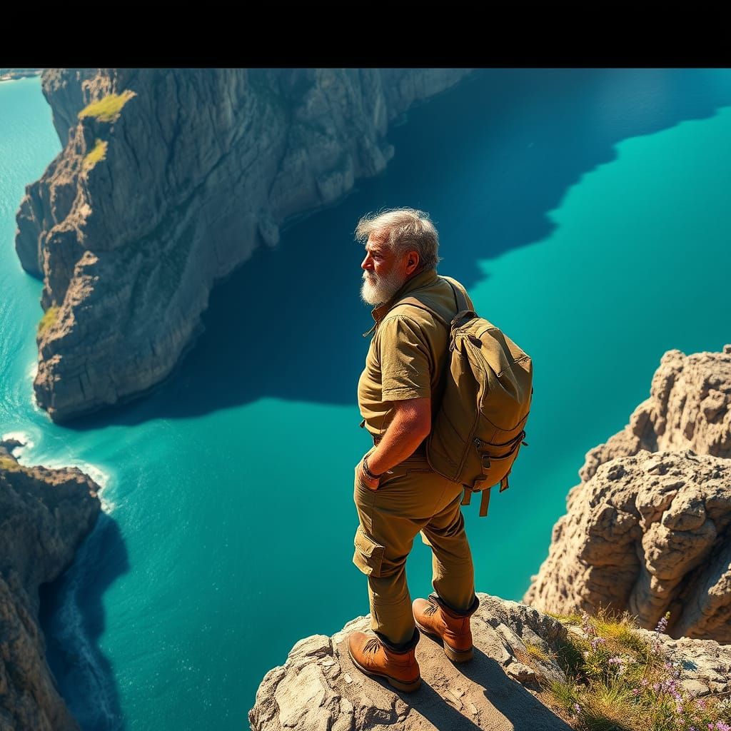 Man Stands at Cliff's Edge, Gazing Out at Turquoise Sea in S...