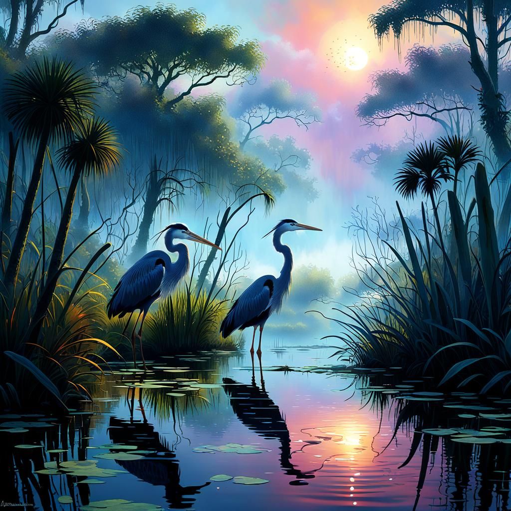 Heron Silhouette in Ethereal Everglades Fantasy Art