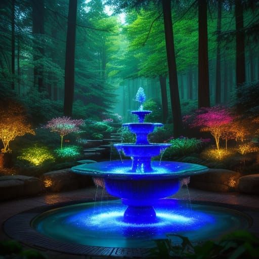 Whimsical Forest Fountain with Neon Bokeh