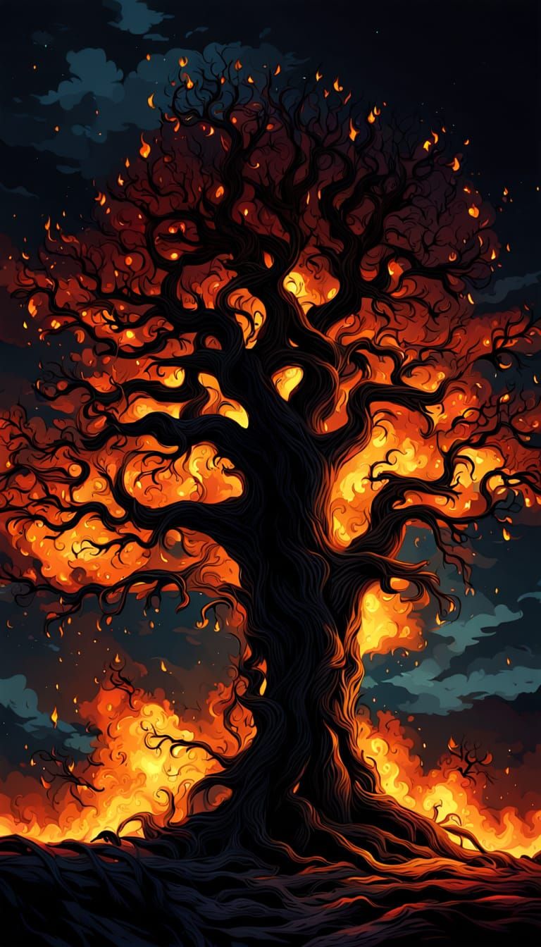 Searing Inferno Engulfs Lonely Tree in Desolate Night Landsc...