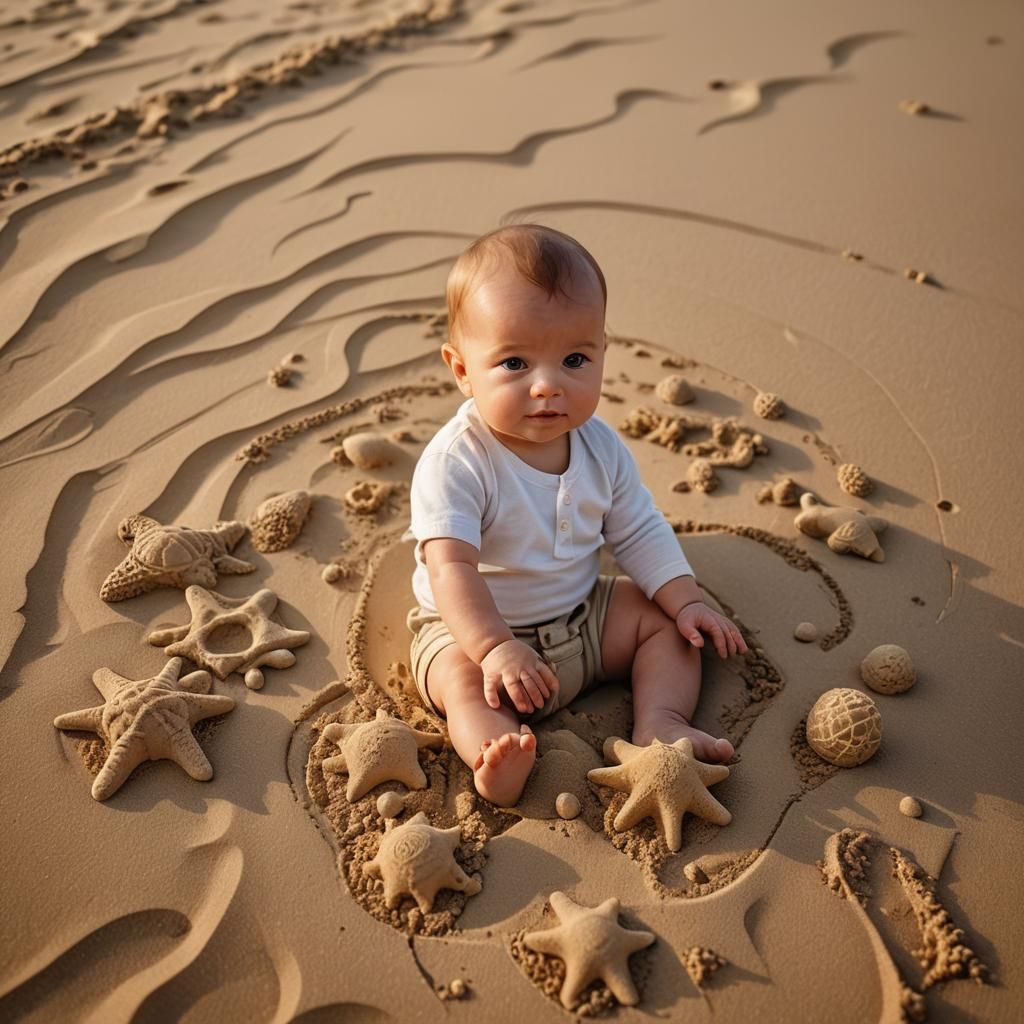 Macro Baby on Beach with Sand Creations