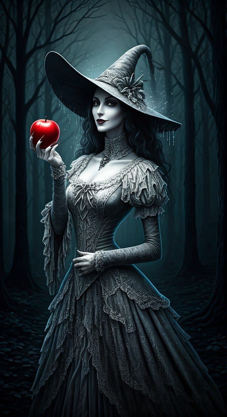 Eerie Witch in Dark Forest Holding Red Apple