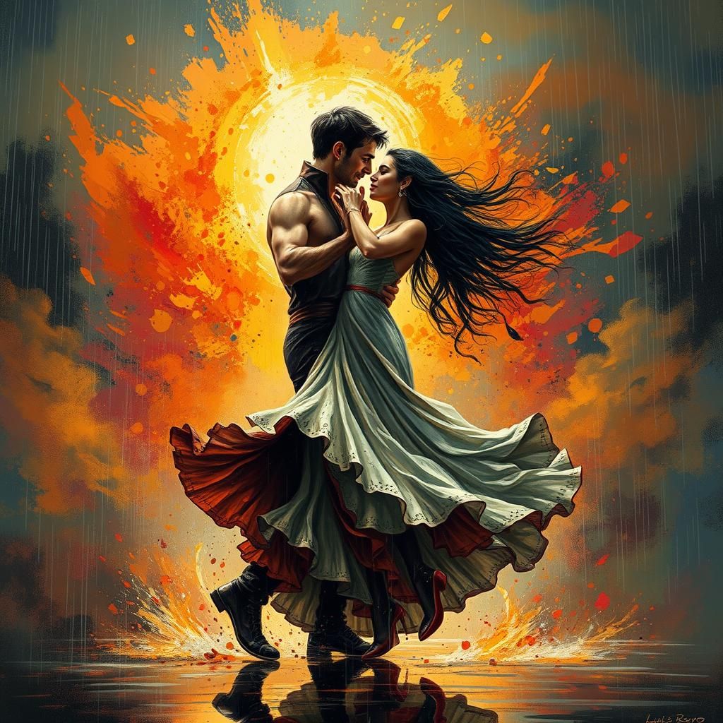 Gypsy Couple Dancing in Rainfall: Pop Art Style