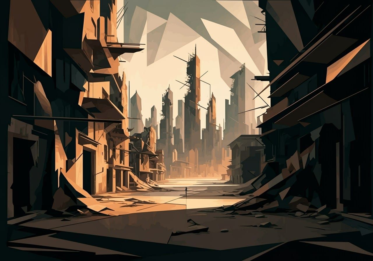 A low poly city street scene featuring buildings and scatter...