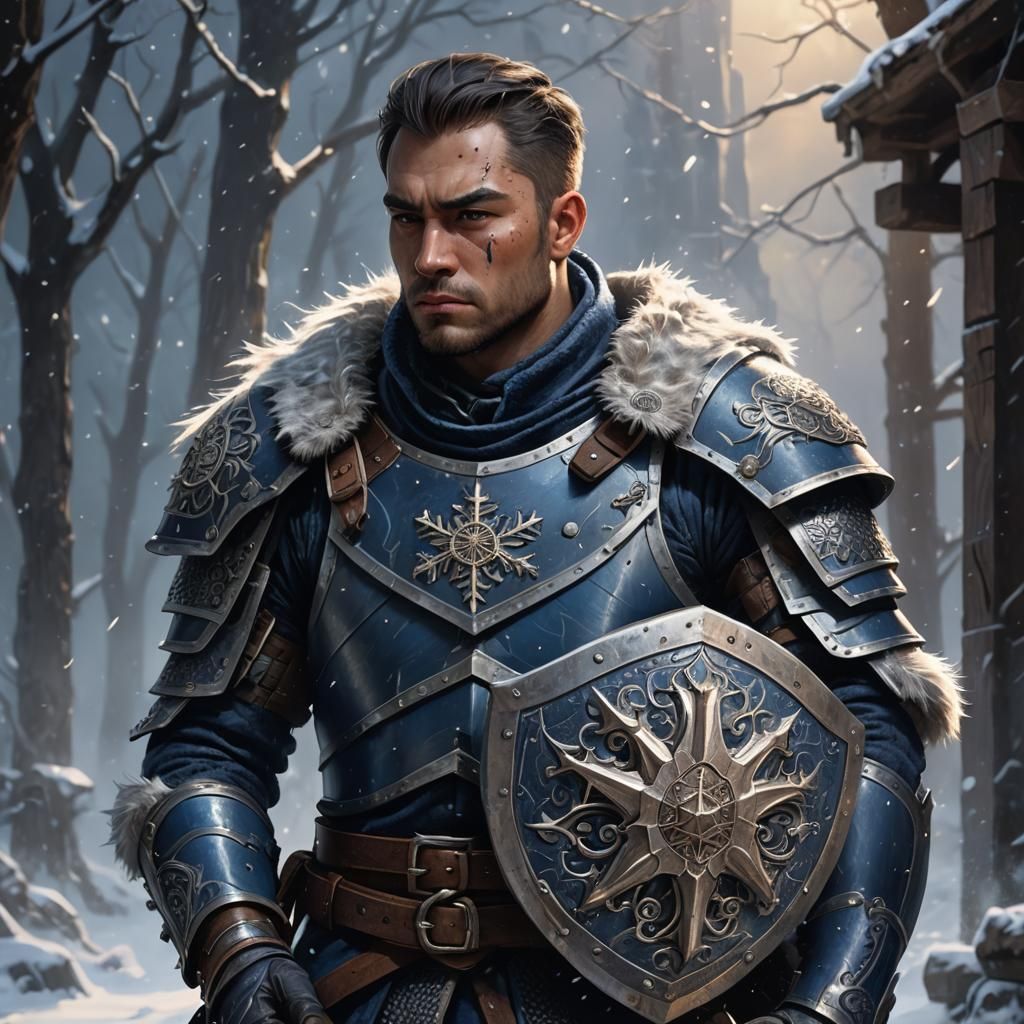 Fantasy Soldier in Dark Blue Armor with Shield