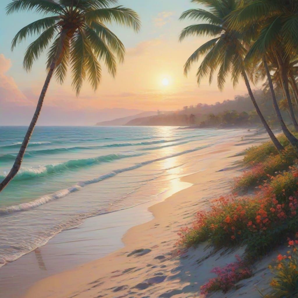 Beach Scene in Impressionistic Oil Painting Style