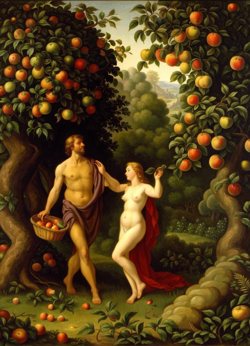 Adam and Eve in the Garden of Eden. About to give into temptation