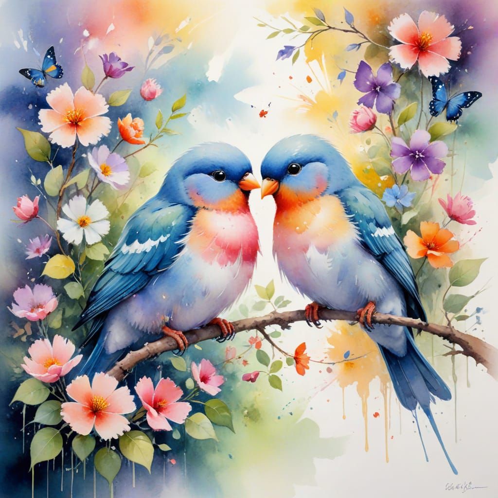 Pastel Lovebirds in Lush Watercolor Magical Garden