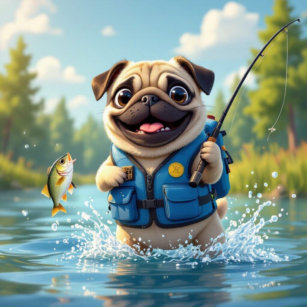Joyful Fishing Pug Sticker in Pixar Style