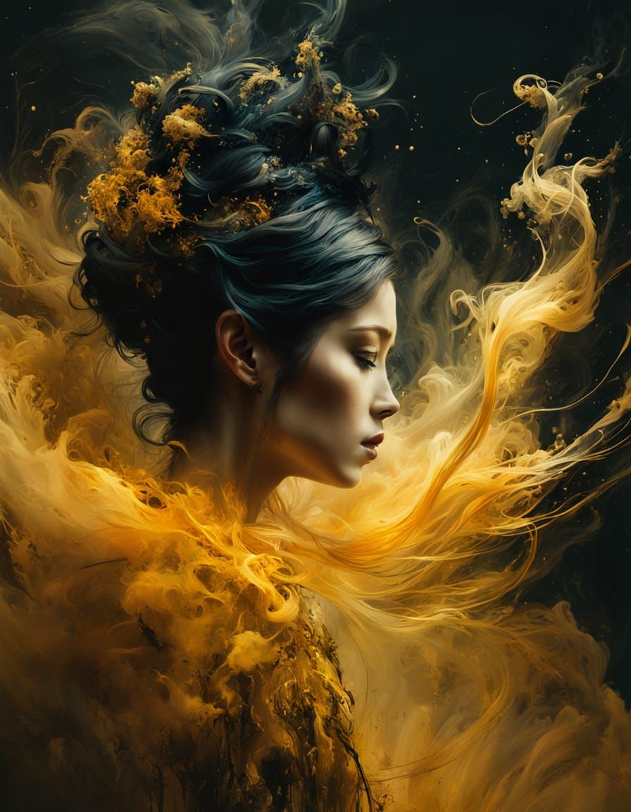 Goddess Dissolving into Black Smoke in Golden Hour Light