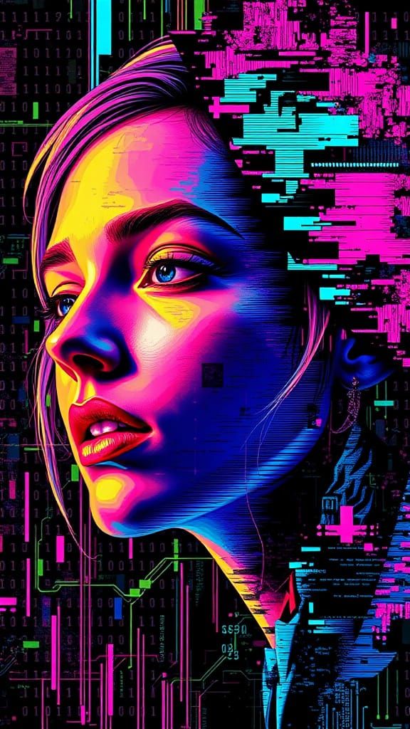 Glitched Portrait of Woman in Abstract Fractal Style