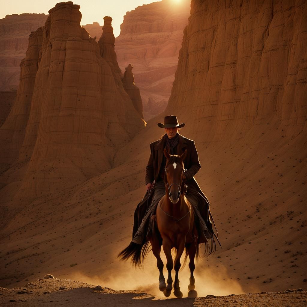 Cowboy Silhouette in Western Film Noir Style