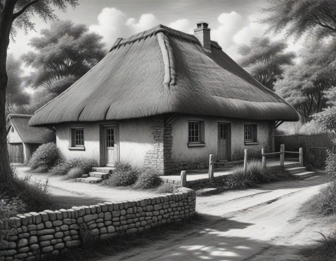 Detailed Charcoal Drawing of Thatched Roof House