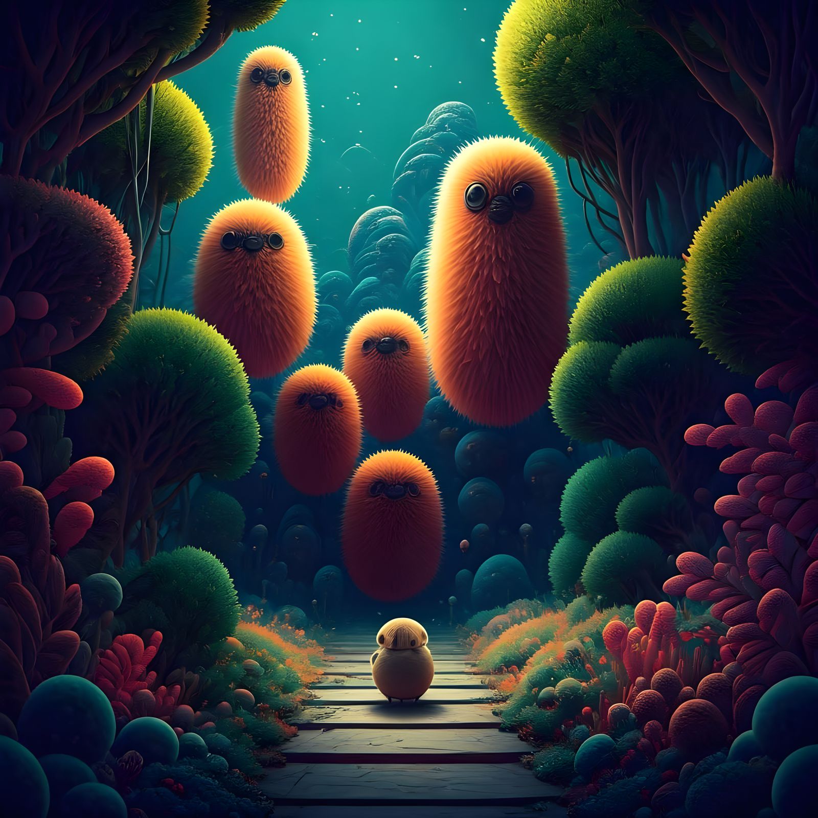 Colorful Fluffy Creatures in Alien Biome