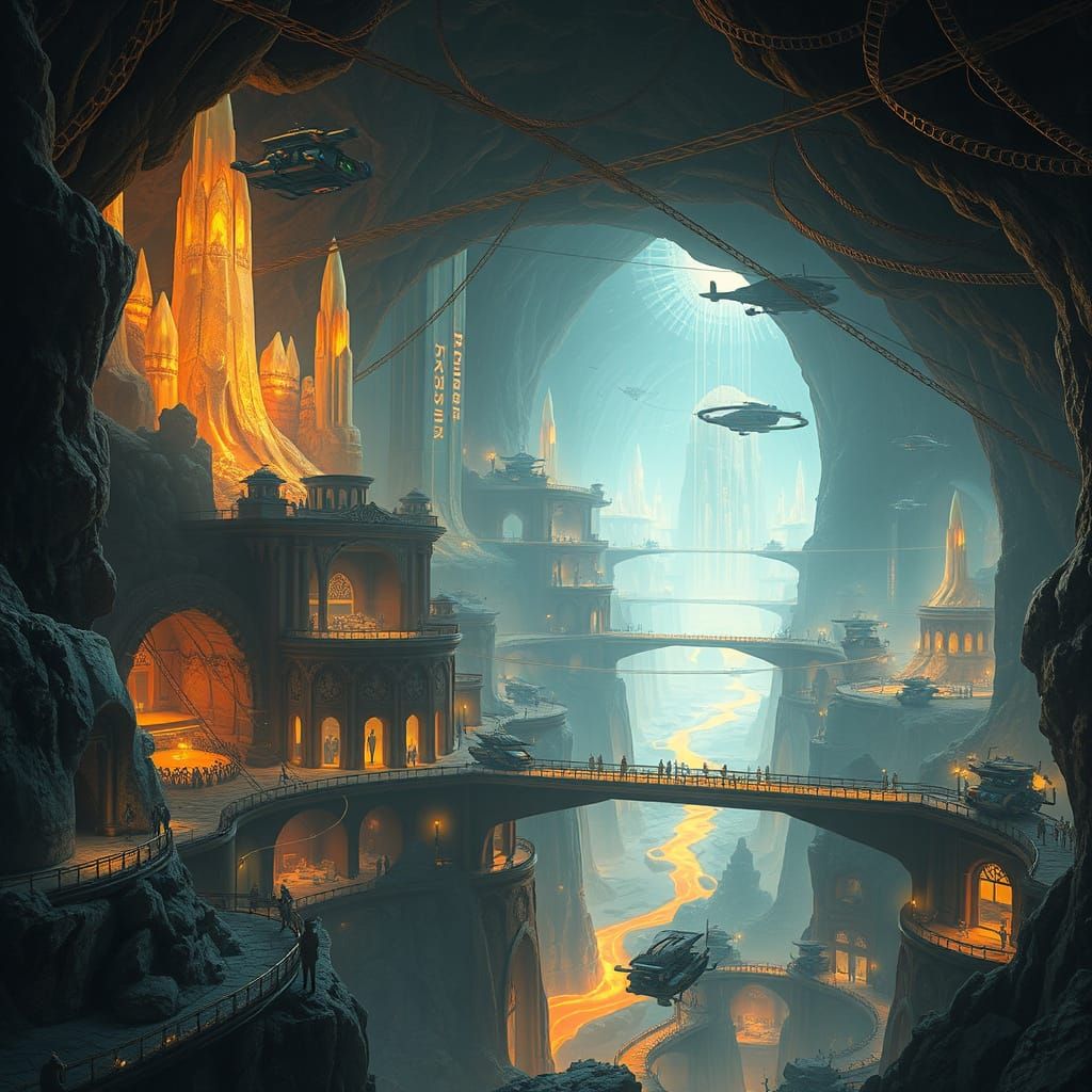 Glowing Underground Metropolis with Radiant Crystals and Bio...