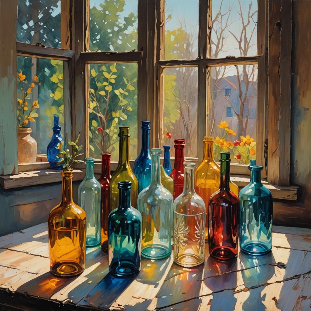Expressionist Oil Painting of Bottles and Vases