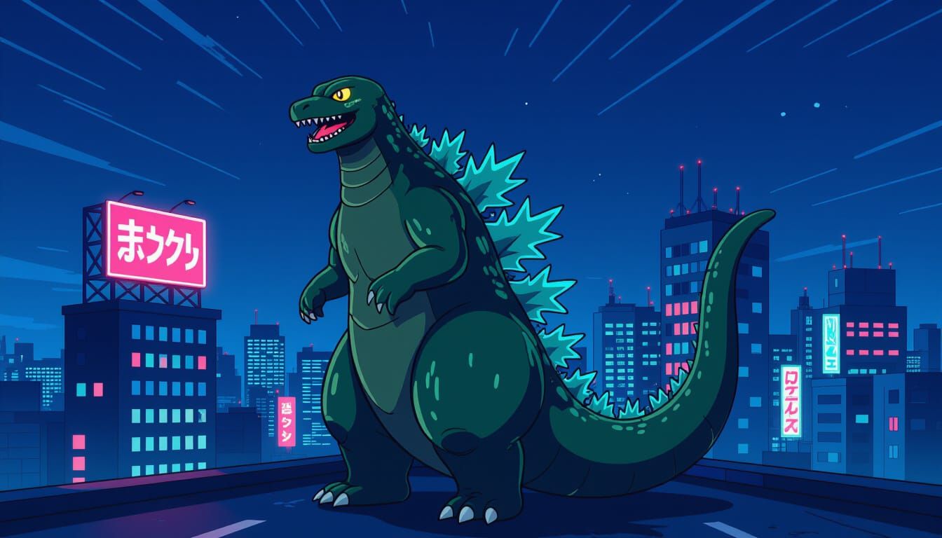 Godzilla in Anime Style on Neo-Tokyo Rooftop