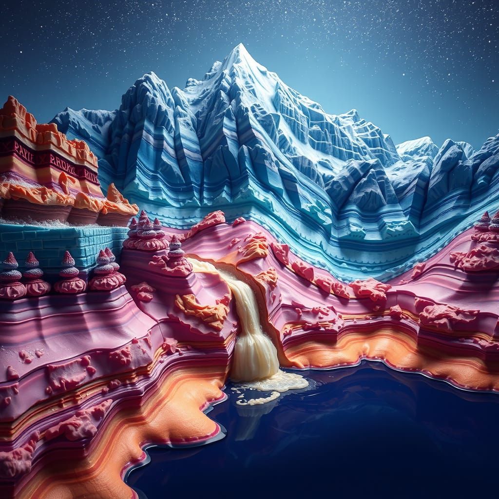 Candy Mountains with Caramel Waterfall Under Indigo Sky